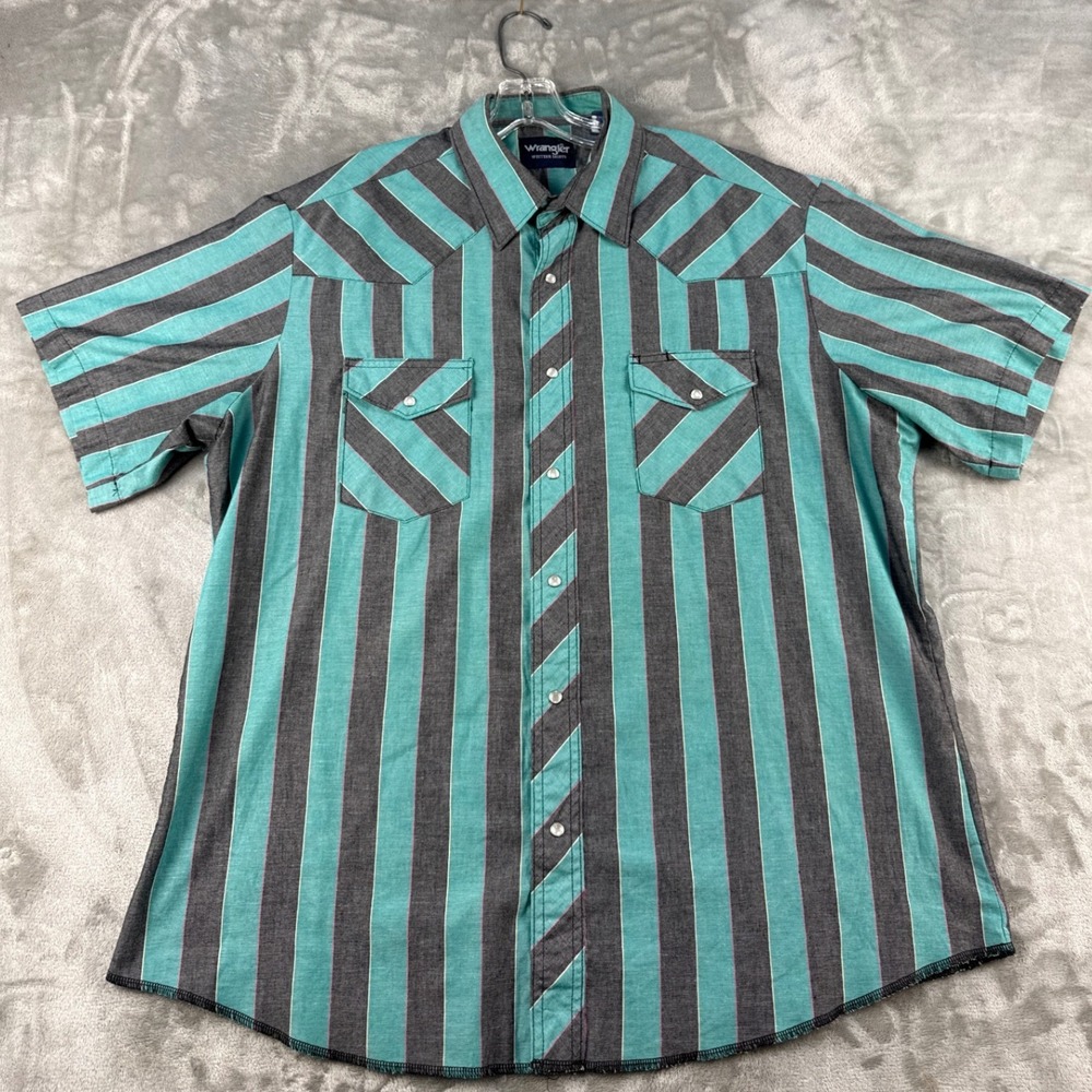 Wrangler Western Shirt Mens XL 76201AA Teal Gray Striped Short Sleeve Snap EUC